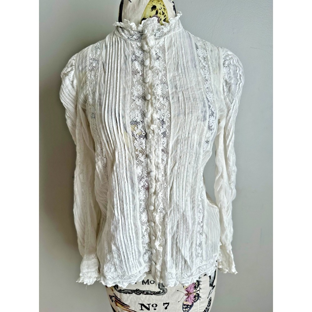 LoveShackFancy Small Lace Top Ivory Womens Long Sleeve Snap Victorian High Neck